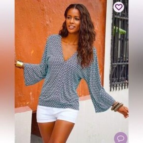 Lascana Turquoise Retro Print Flare Sleeve Top - Picture 1 of 10